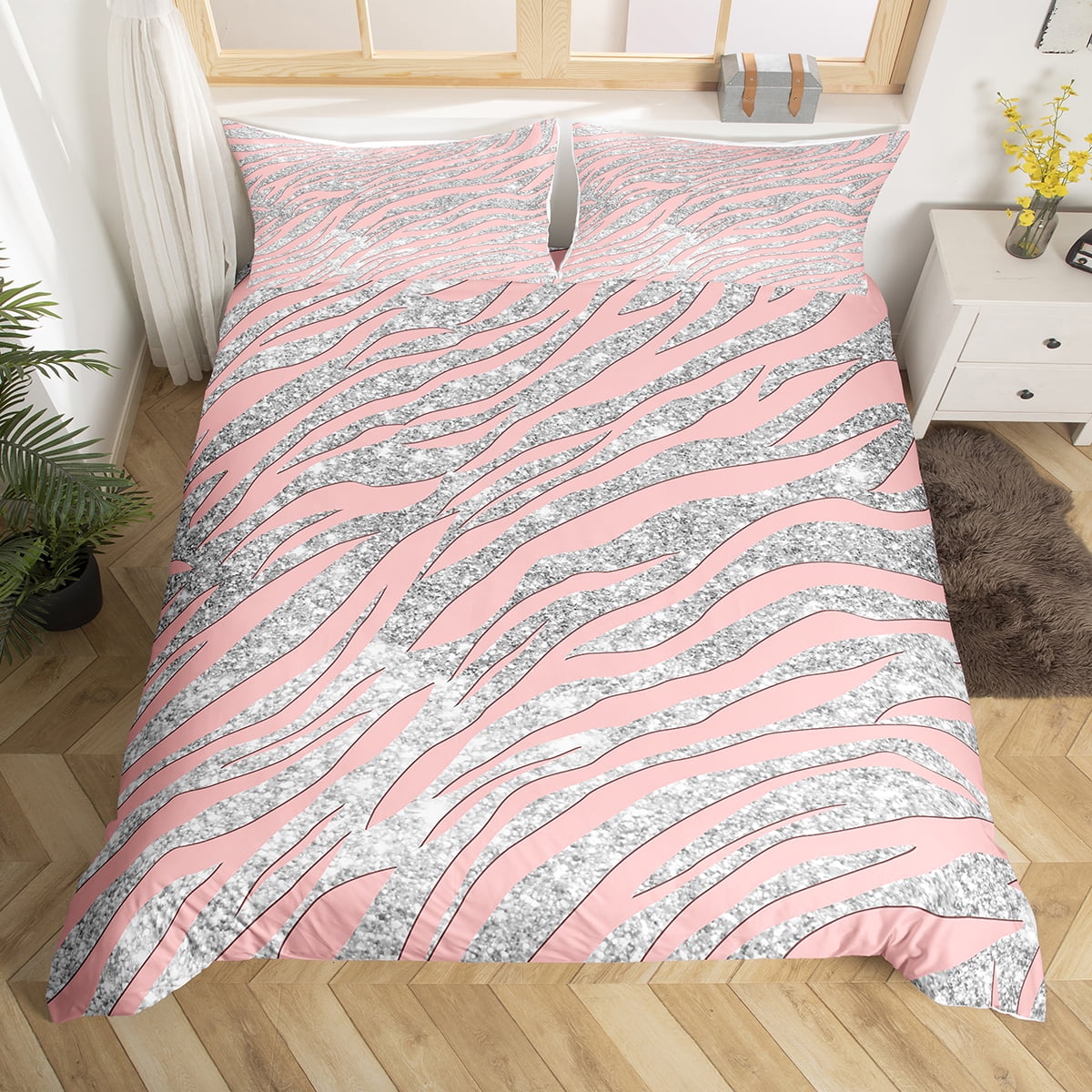 YST Cute Zebra Print Bedding Queen for Girls Pink Animal Print Duvet Cover  Queen, Psychedelic Sequins Comforter Cover Silver Gradient Glitters Bed Set,  Kids Aesthetic Bed Set (No Comforter) 