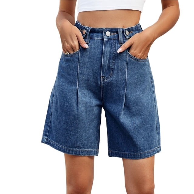 Pantalones cortos de mezclilla de talle alto hasta la rodilla for mujer pantalones cortos de cintura ajustable pantalones cortos de mezclilla largos Bermudas for niñas