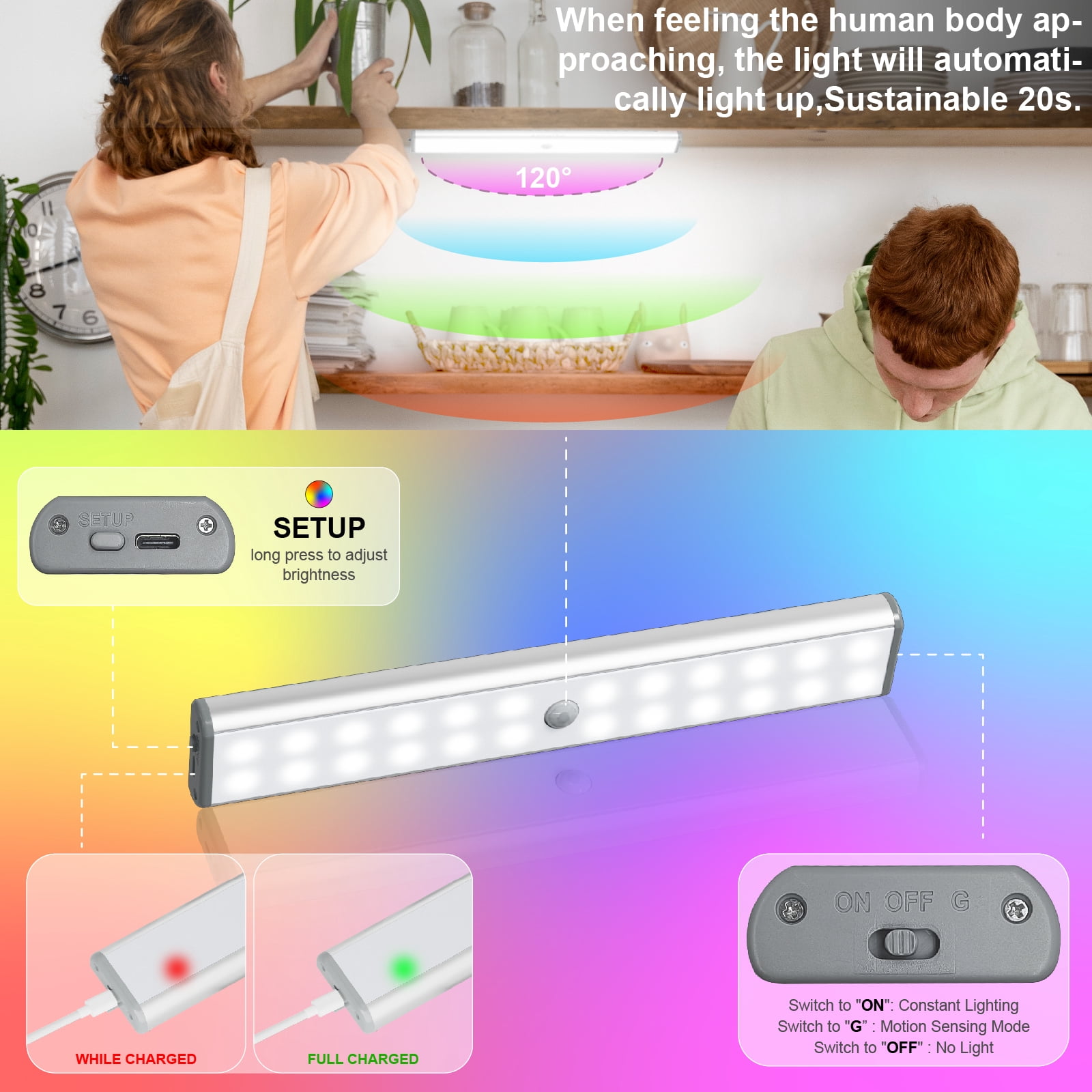 Lepotec 9.88Inch Wireless RGB Motion Sensor Cabinet Light: 300lm Brightness, 8 Vibrant Colors for Customized Closet and Under Cabinet Illumination