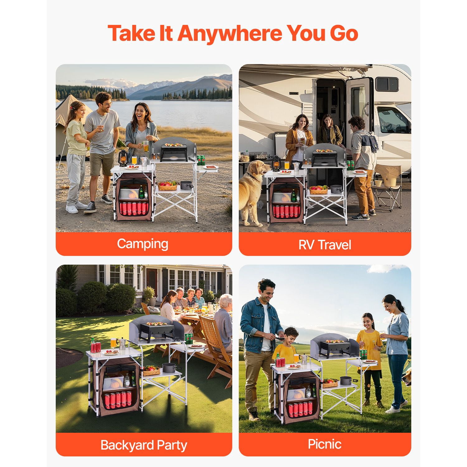 Portable Folding Cook Table for BBQ, Party and Camping, Outdoor 2-Tier Kitchen with Zippered Bag, Brown