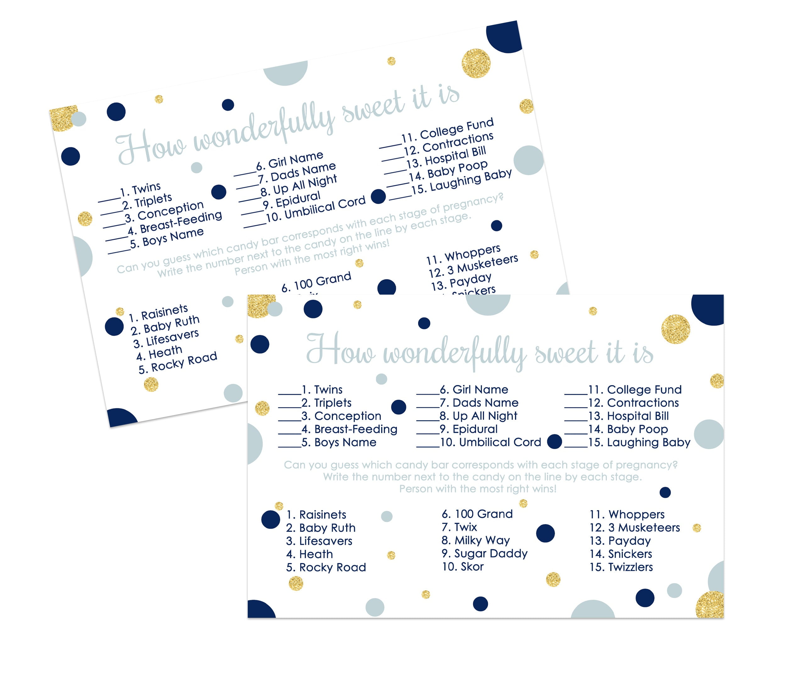 Navy and Gold Baby Shower Games Candy Match Cards 25 Pack Funny Candies Guessing Activity - Twinkle Little Star Royal Prince - 4x6 Size Set - Paper Clever Party