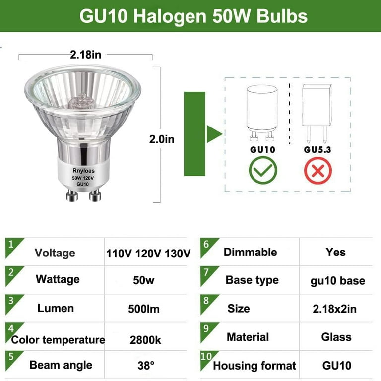 Rynloas GU10 Halogen 50W Bulbs, 6 pack GU10+C 120V 50W with 2800k Warm  White, Long Lifespan GU10 MR16 Dimmable for Track & Recessed Lighting