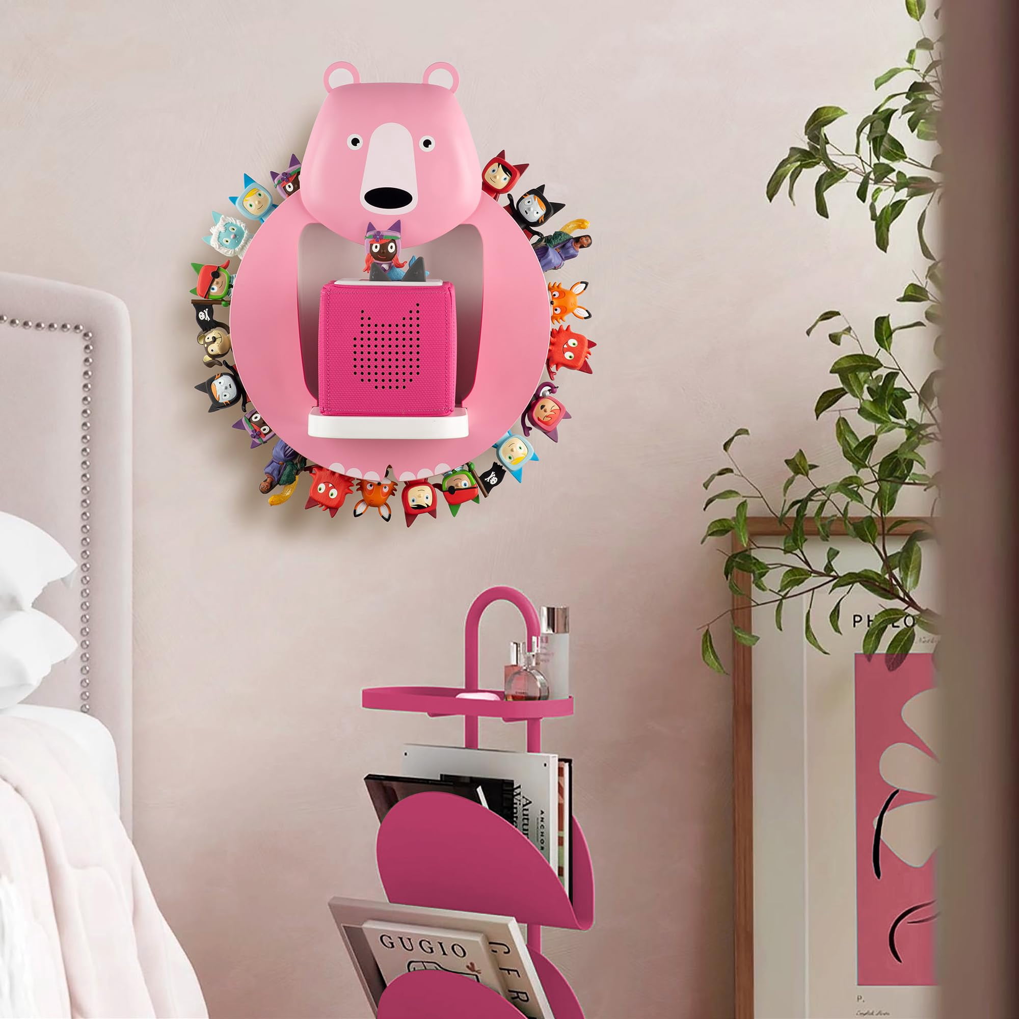 Tnvodejo for Toniebox Creative Bear Children's Magnetic Floating Shelf and for Tonies for 30-48 Figures - Wall Shelf for The Music Box - for Playing and Collecting - for Children's Baby Rooms (Pink)