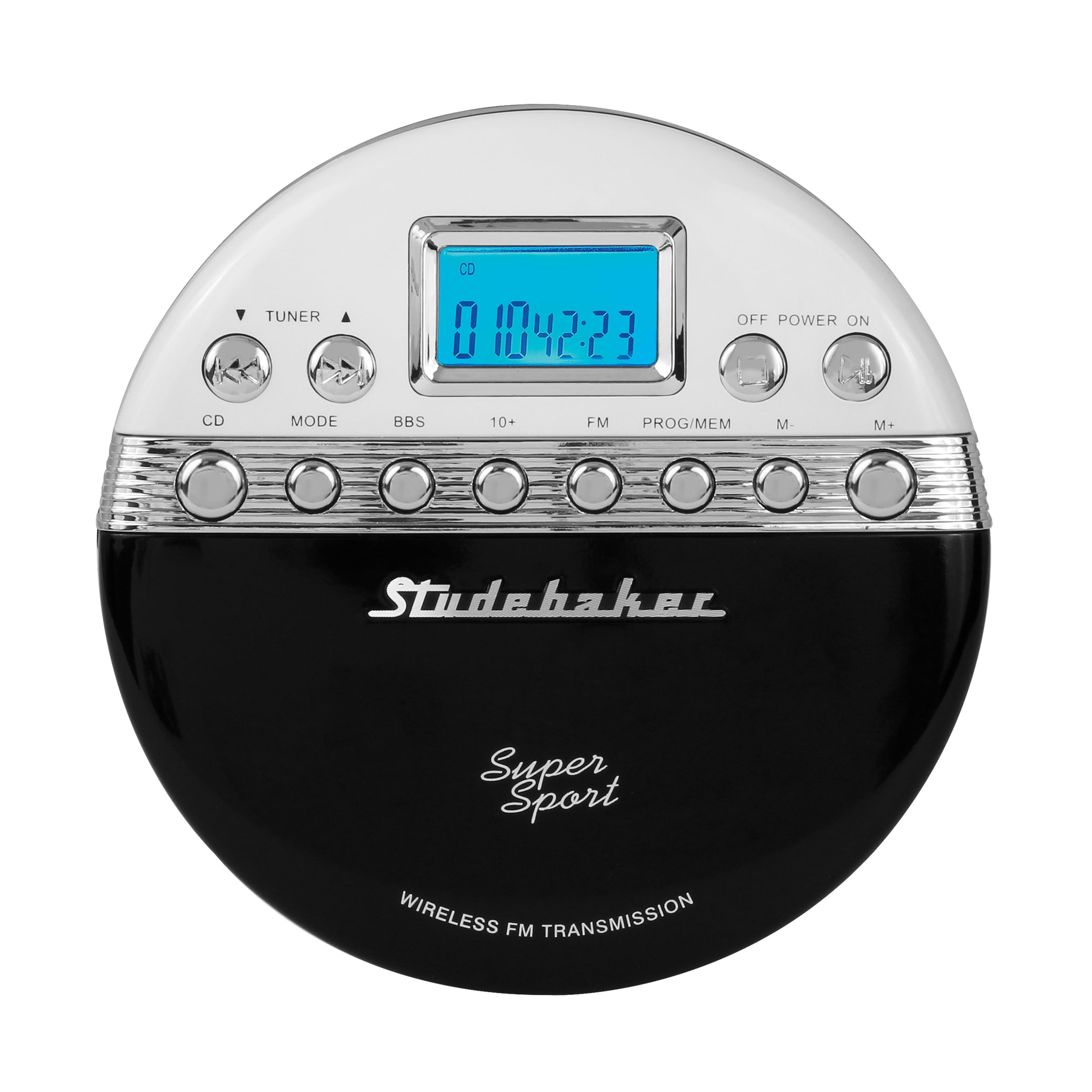 Studebaker SB3705BW Super Sport Portable CD Player Plays CDs Wirelessly Through your Car Radio Includes FM Stereo Radio and Color Coordinated Stereo Earbuds