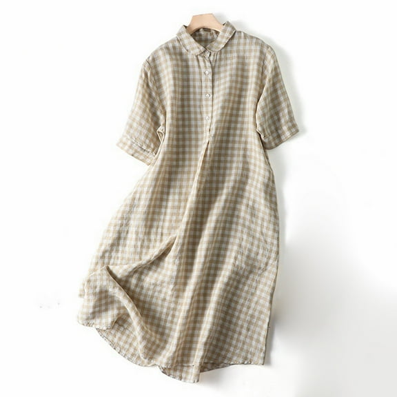 Women'S Linen Plaid Dress Retro Everything Casual Loose Women'S Long Dress Women's Casual Dress Beige L