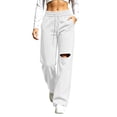 thumbnail image 2 of Women's Wide Leg Sweatpants Drawstring Distressed Hole Design Straight Style Side Pockets Loose Streetwear Casual Athletic Trousers, Sweatpants Y2K White XXL, 2 of 5