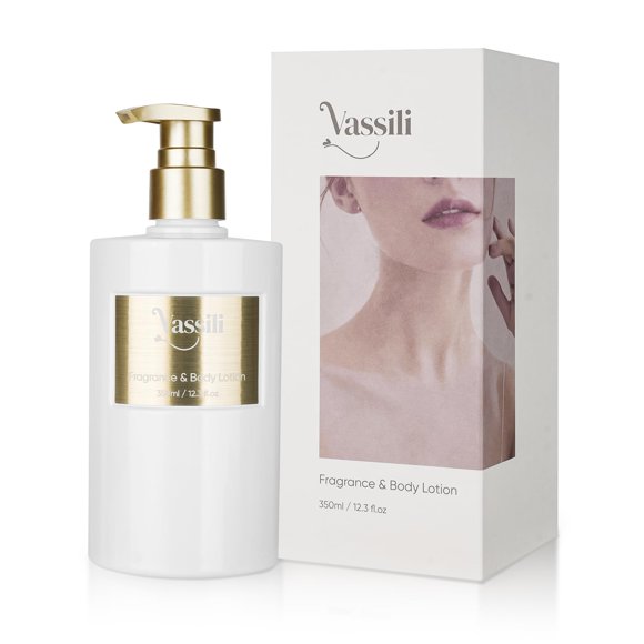 Vassili Loción corporal y crema reafirmante de la piel para todo tipo de piel Aroma de larga duración Calma y suaviza la loción hidratante para aliviar la piel seca (12.3 fl oz) -Sándalo