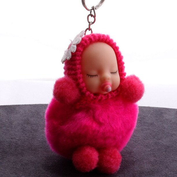 LLavero de muñeca bebé durmiente, pompón de flores, Bola de piel de conejo, llavero de coche esponjoso