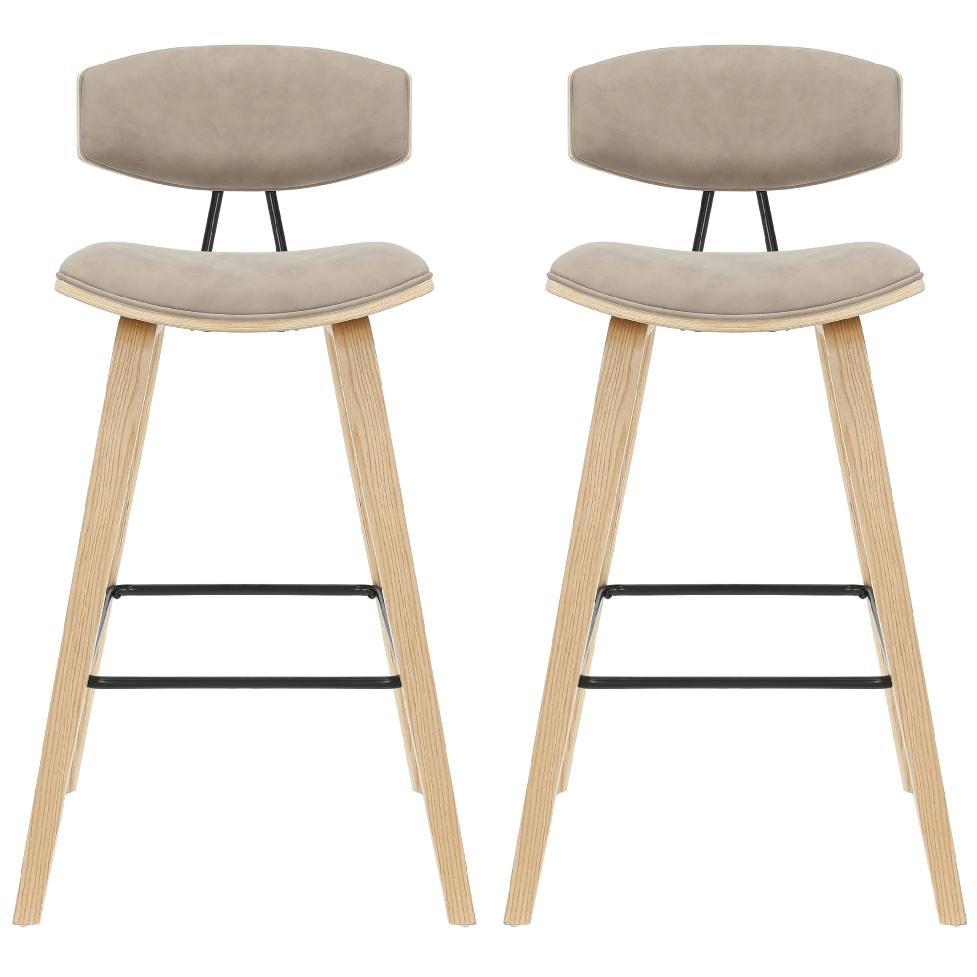 Fox 38 in. H Bar Height Vintage Taupe Curved Back Wood Bar Stool with Faux Leather Seat Set of 2