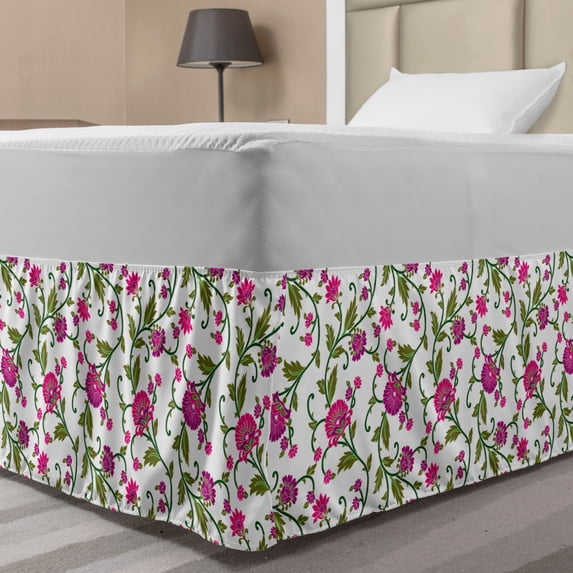 Floral Bed Skirt, Magenta Tones Flower Design with Long Curved Branches and Leaves Art, Elastic Bedskirt Dust Ruffle Wrap Around for Bedding Decor, 4 Sizes, Olive Green and Hot Pink, by Ambesonne