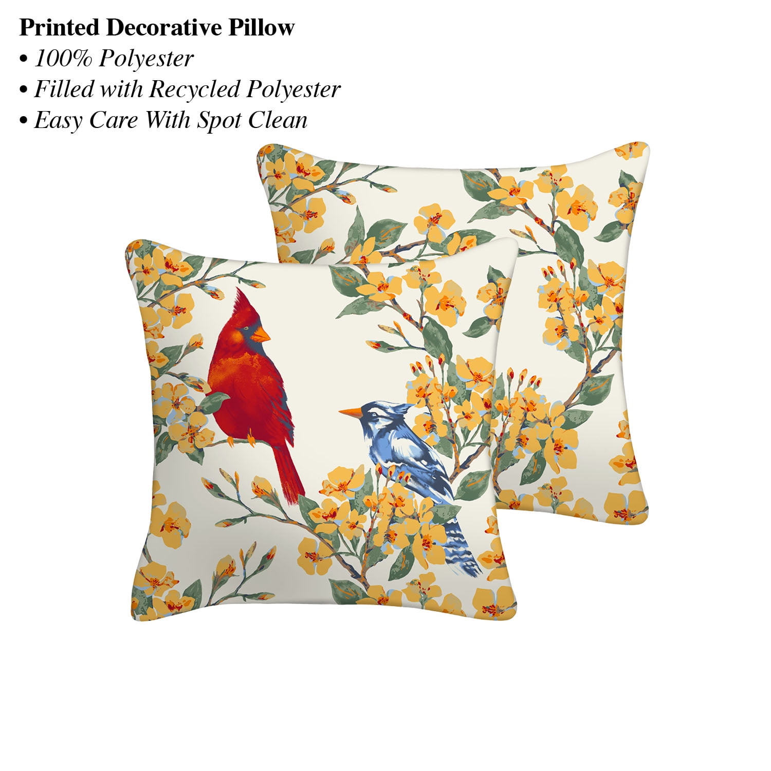 Mainstays 16" x 16" Reversible Bird Duo Decorative Outdoor Throw Pillow, Multi