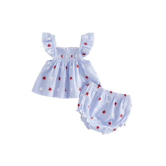 Cenuakty Newborn Baby 3M 6M 12M 18M 24M Girls Independence Day Outfits Adorable Star Print Flying Sleeve Square Neck Tops and Shorts Set