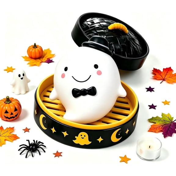 Guvpev Halloween Glitter Dumpling Squishies, Spooky Halloween Ghost Dumpling Squishy Toys with Steamer Box, Ghost Dumpling Squishy Stress Balls, Sensory Fidget Toys for Anxiety Relief & Party Favors