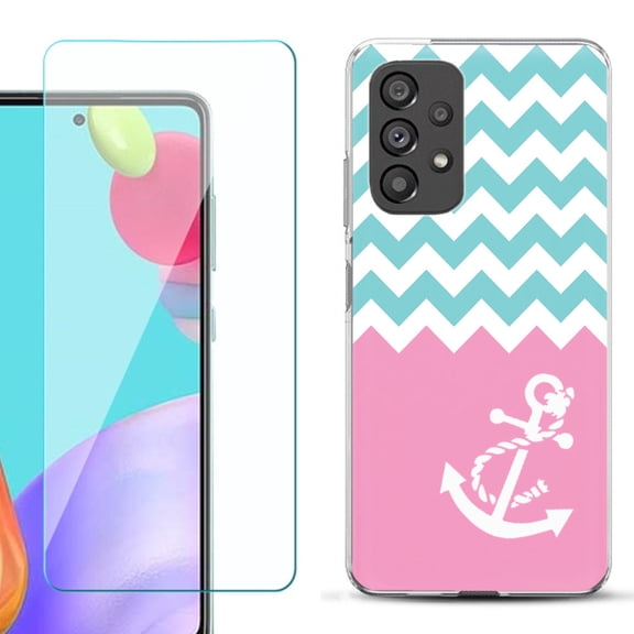 Slim-Fit Fashion Phone Case for Samsung Galaxy A53 5G, with Tempered Glass Screen Protector, by OneToughShield ® - Chevron/Anchor