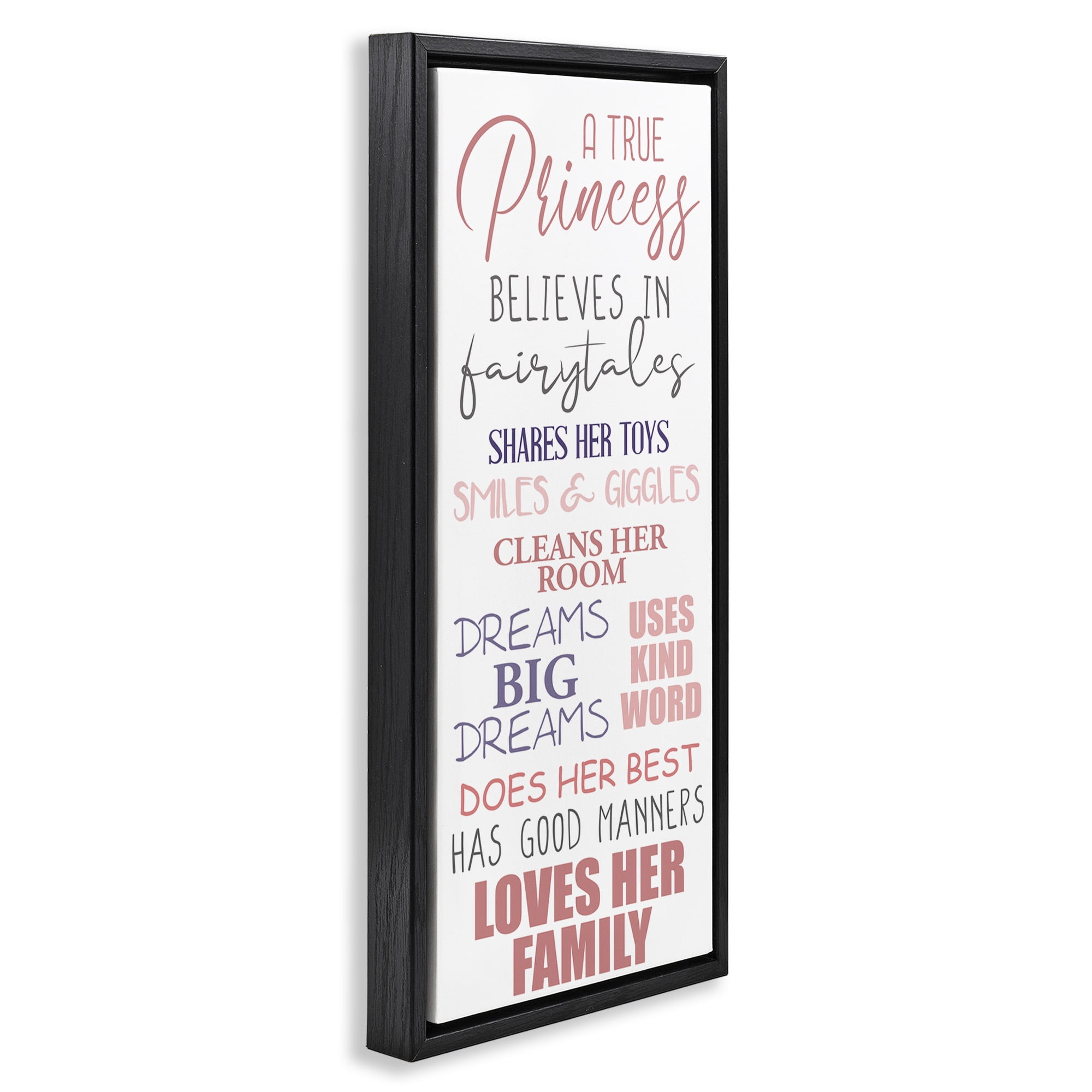 Stupell Industries Inspiring True Princess Rules Inspirational Painting Black Floater Framed Canvas Art Print Wall Art, 11 x 25