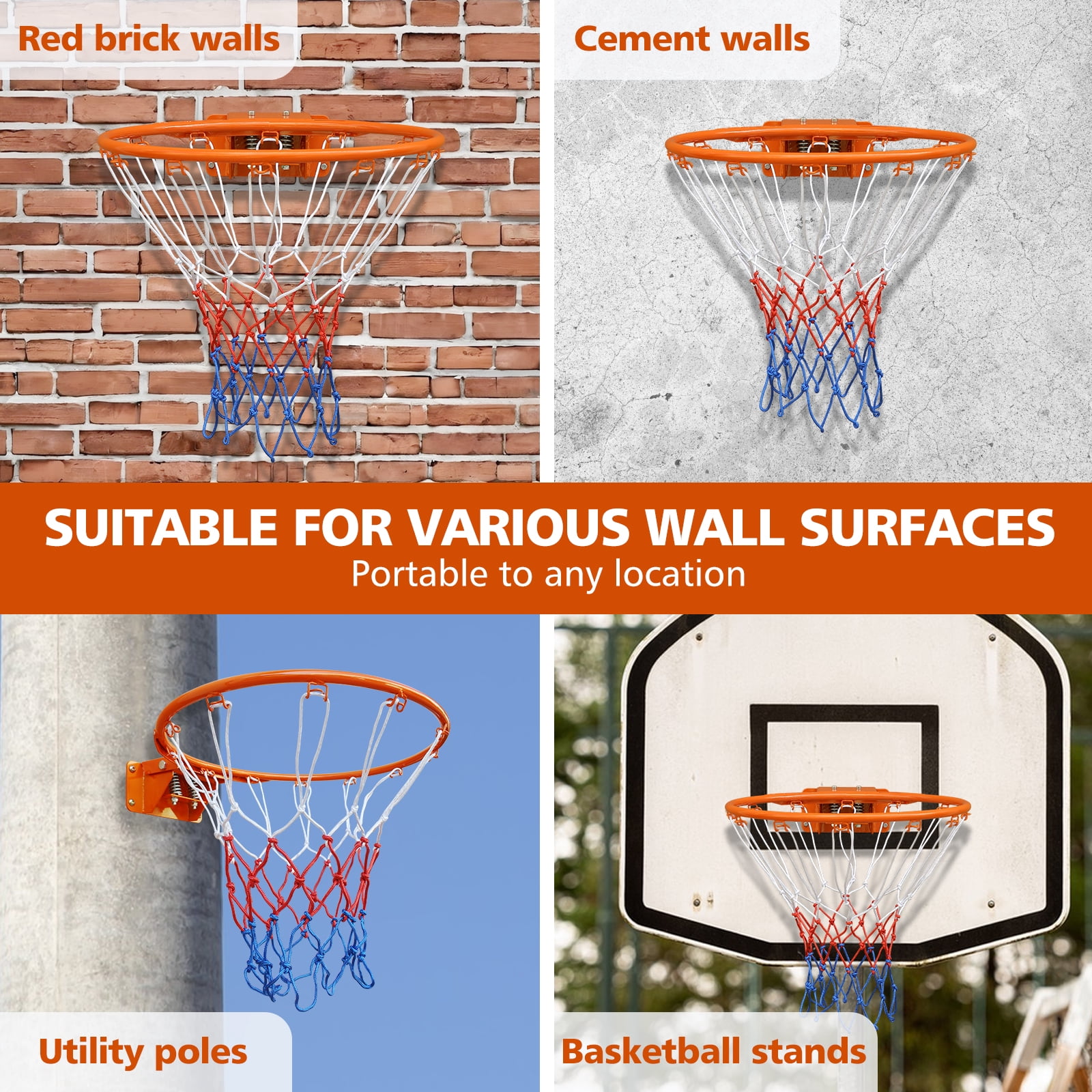 Basketball Double Spring Solid Rim, 18" Steel Basketball Rim for Indoor and Outdoor, Orange