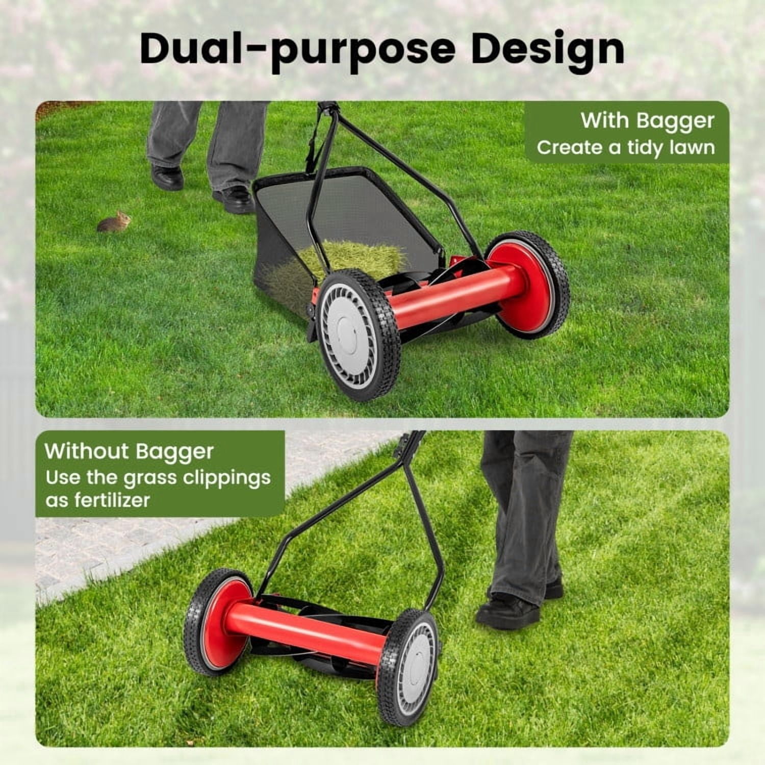 YYAo 14 Inch Push Lawn Mower with 5 Steel Blades and Grass Catcher Bag-Red