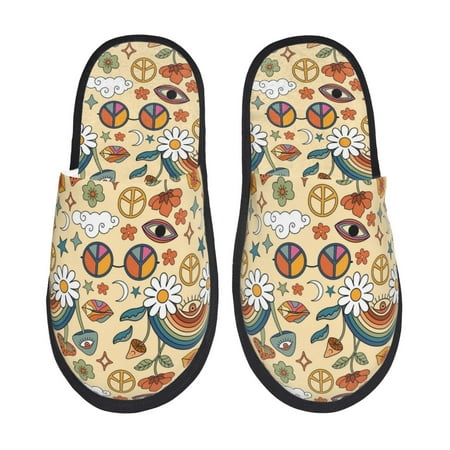 Balery 70s Hippie Style Slient Indoor Furry Fleece Comfort House Shoes Soft Non-Slip Home Shoes Cotton slippers House Slippers-- Large