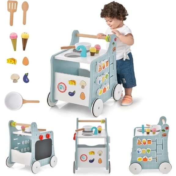 OLAKIDS 6 in 1 Baby Push Walker, Push Play Kitchen Playset, Toddler Learning Activity Walker with Shape Sorter Movable Slider, Montessori Educational Toy for Girls Boys 1-3 Years