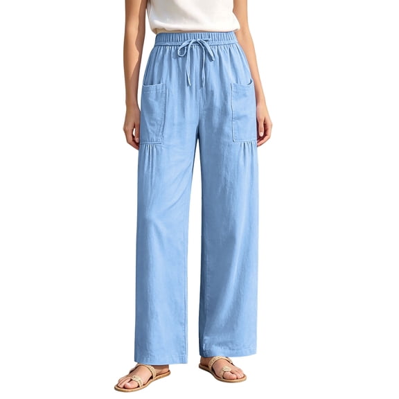 Linen Cotton Casual Pants For Women Drawstring Pocket Relaxed Road Trip Outfit Summer Soft Looking Draped Silhouette Streetwear Lightweight Comfort