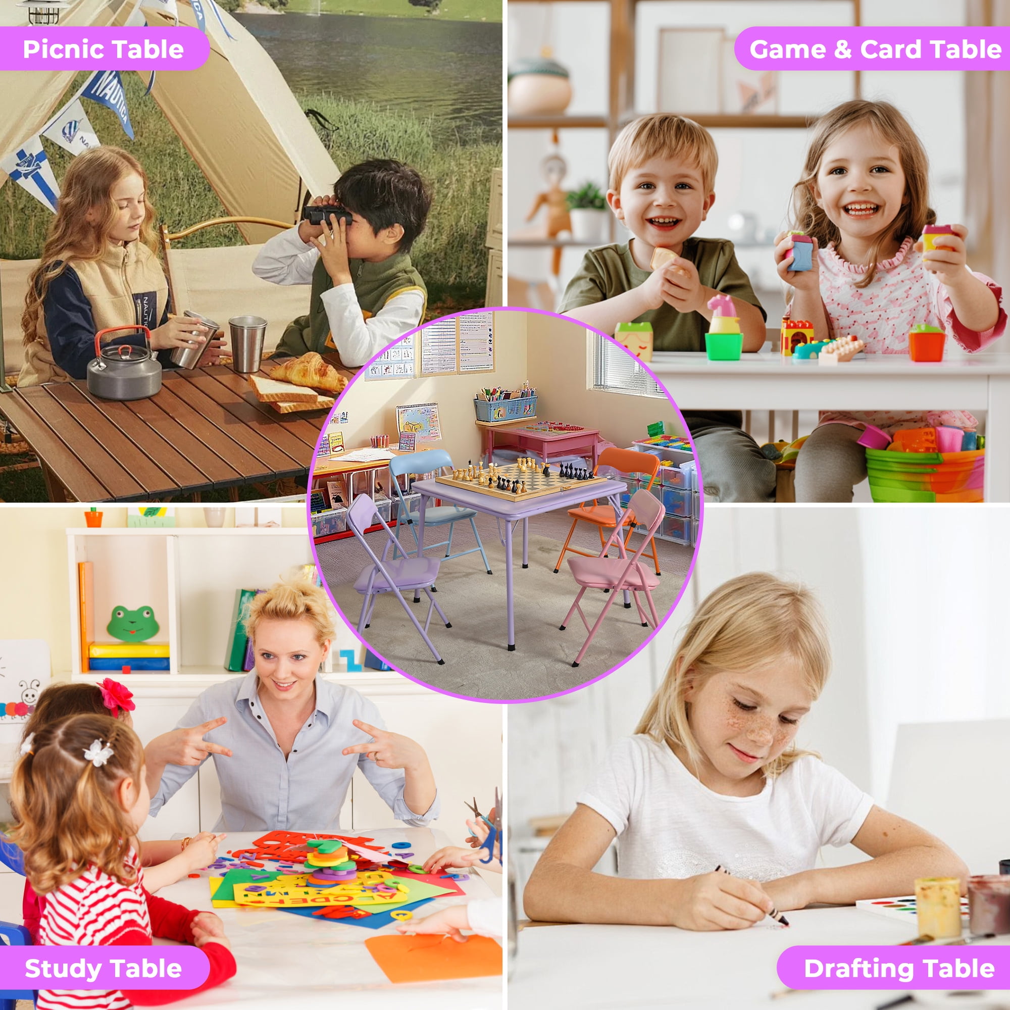 Homy Casa 5 Piece Foldable Kids Table and Chair Set, Compact Plastic Desk and Seat for Playroom Study Area, Purple