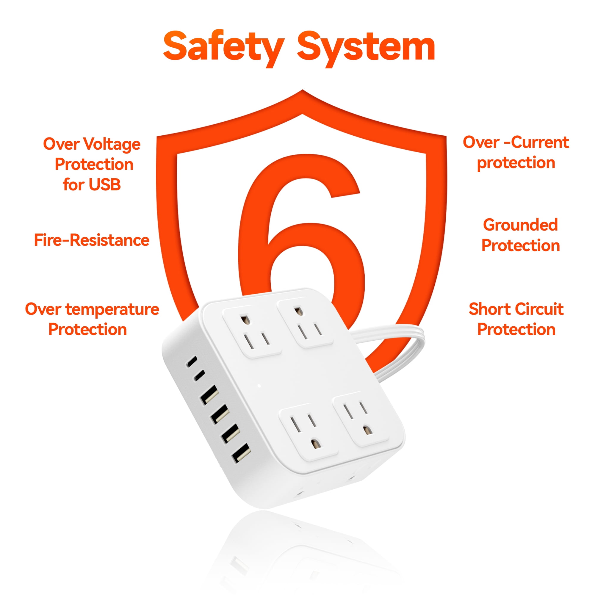 USB Charging Strip - 8 AC Outlets Extender 6 Fast-Charging USB Ports Heavy-Duty US Standard Socket with Extension Cable Multi-Device Charger Station for Office Home Travel（White）