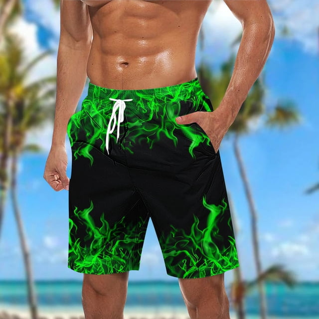 Sentmoon Mens Basketball Shorts 2025 Summer Quick Dry Straight Sweat Shorts Flame Print Drawstring Elastic High Waist Beach Shorts Side Pockets Sport Papa for Sports Practice Green XXXL