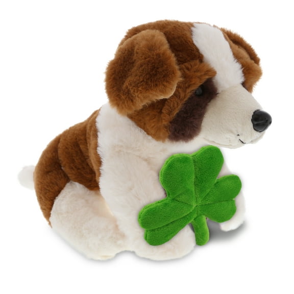 DolliBu St. Bernard Dog Stuffed Animal with Green Plush Shamrock, Cute Green Shamrock Plush, Fun St Patricks Day Stuffed Animal Dog, Good Luck St Patricks Day Toys for Kids, Baby - 8 Inches