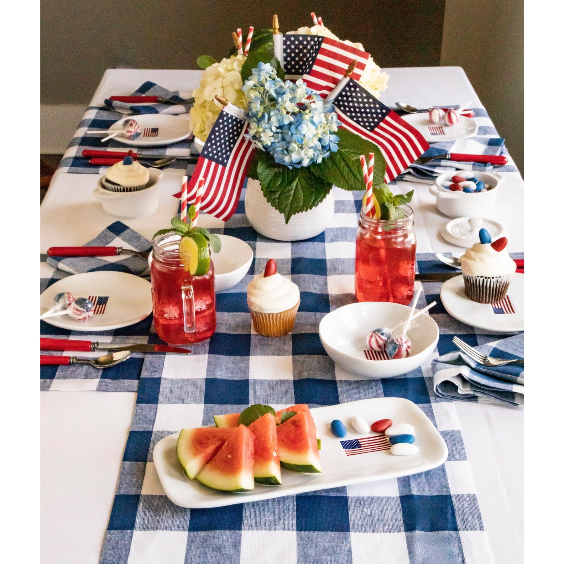 Linen Checkered Table Runner 108 Inches Long - 100% Pure Linen Blue and White Buffalo Check Table Runner 14 x 108 Inch Ideal for Dining