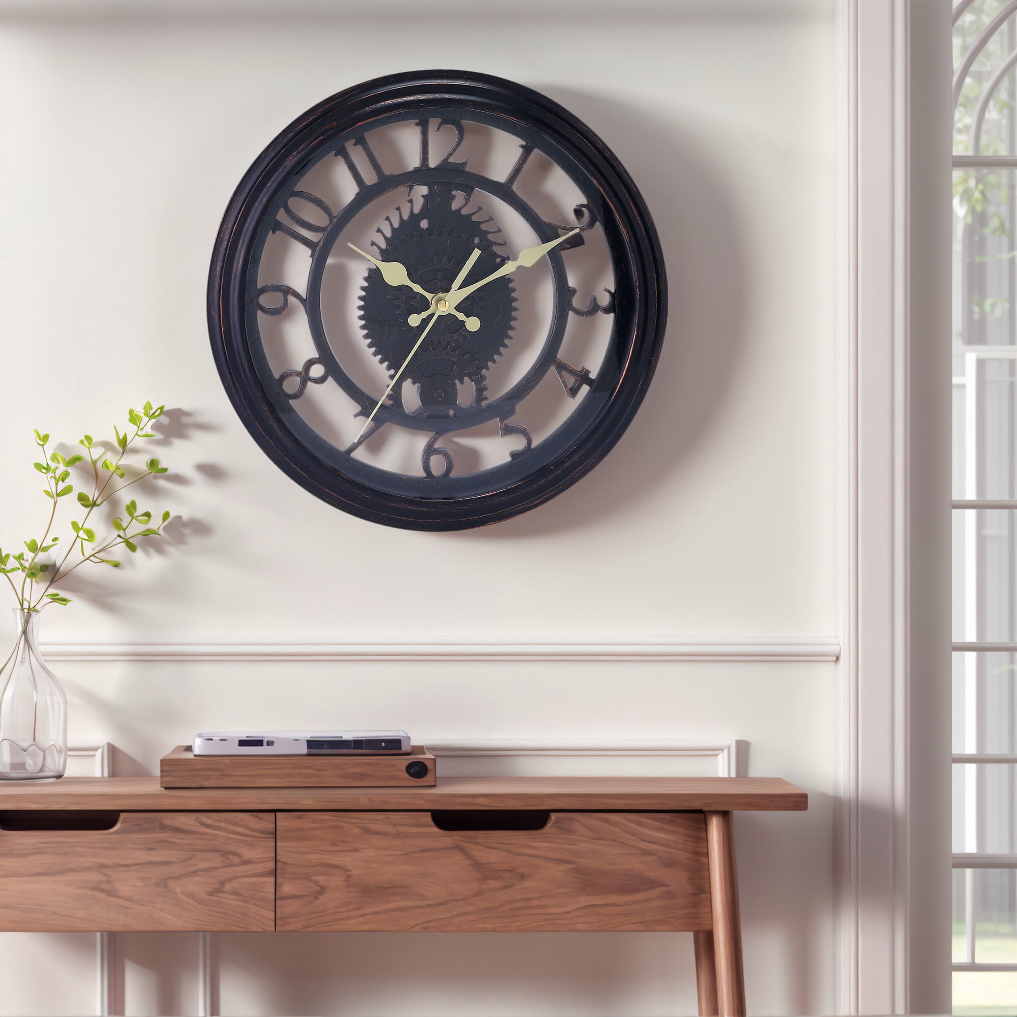 Rustic Farmhouse Gear Clock with Moving Gears Wall Clock Industrial Steampunk Unique for Home Living Room Office Decor Black 11 Inch