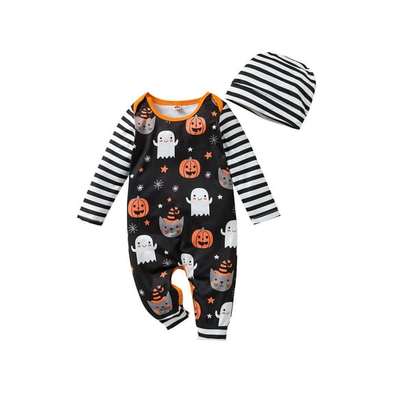 Seyurigaoka Babies Halloween Clothes Set Pumpkin Printing Romper and Cap