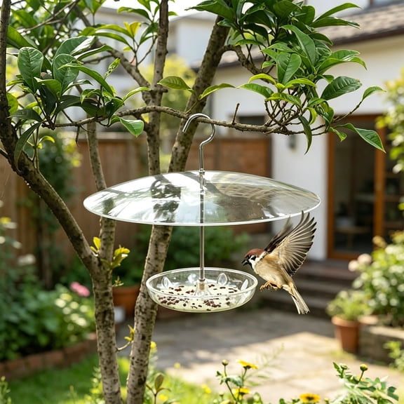 Clear Hanging Bird Feeder with Squirrel Baffle Rain Guard Cover, Weatherproof Plastic Seed Tray for Finches Chickadees, Metal Hook Outdoor Wild Bird Feeding Station for Yard Garden