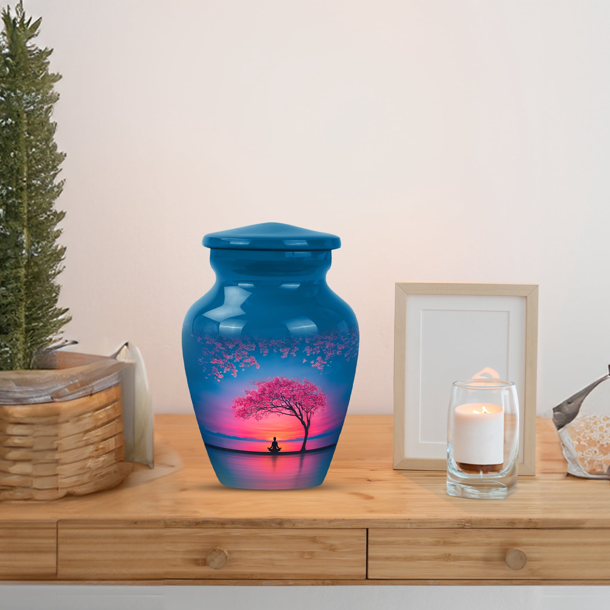 MUKTIVE Cherry Blossom Funeral Urns for Ashes Adult Man, Keepsake Blue Memorial Urn for Ashes for Women, Meditation Burial Urns for Adult Male, Sunrise Cremation Urn, 3 Inch