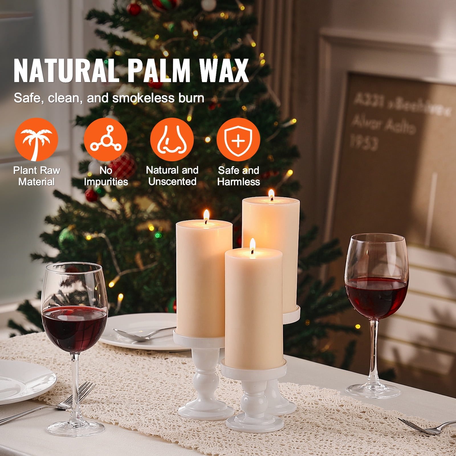 KFFKFF Trio of White Odorless Pillar Candles, 65 Hour Extended Burn Time, 3 x 6 Inch Flameless Unscented Candles, Crafted from Natural Palm Wax for Household Use, Nuptials, Yuletide Celebrations