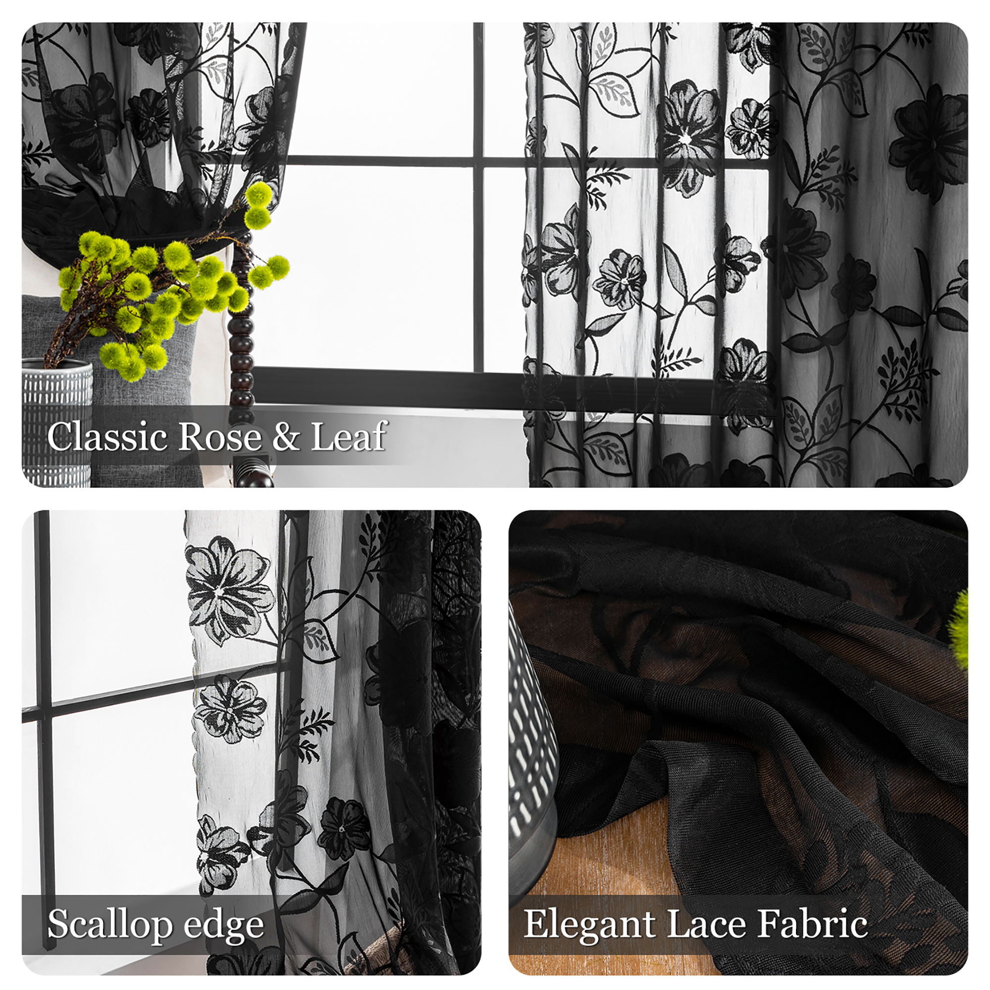 Exultantex Black Lace Sheer Curtains for Bedroom Living Room 63 inch Elegant French Rose Floral Embroidered 54"w Rod Pocket