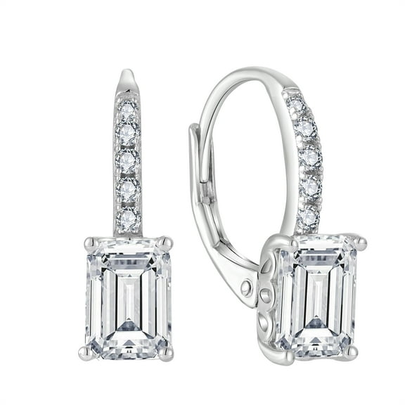 FJ Princess Cut Dangle Drop Earrings 925 Sterling Silver Square Leverback Earrings April Birthstone Cubic Zirconia Jewelry Gifts for Women
