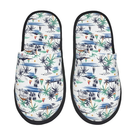 Balery Hawaii Palms Slient Indoor Furry Fleece Comfort House Shoes Soft Non-Slip Home Shoes Cotton slippers House Slippers-- Medium