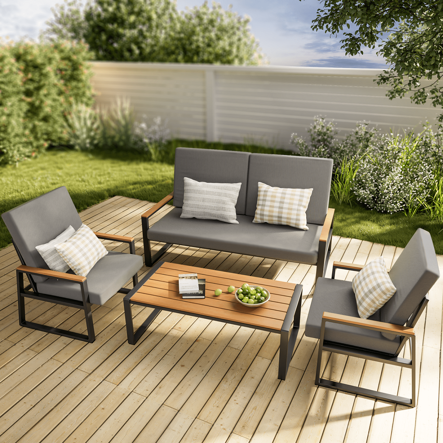 4-Piece Patio Furniture Set, Lofka All-Weather WPC Tabletop & 660lb Capacity, Modern Patio Set with Thick Cushions for Garden, Deck & Backyard