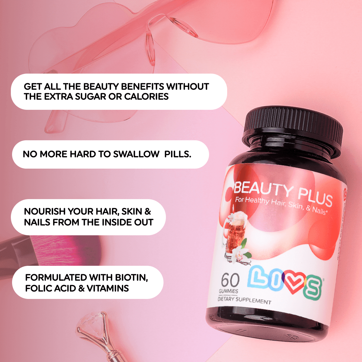 LIVS Beauty Plus Gummies Biotin | Pack of 2 | Collagen Multivitamin for healthy hair, skin, and nails 120 Gummies