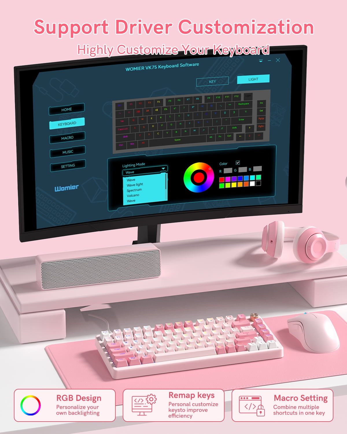 COSTOM VK75 Wired Mechanical Keyboard with Multi-Function Knob, 75% Gaming Keyboard Gasket Mounted, Hot Swappable, Creamy Sound, Cherry Profile, PBT Keycaps, Pink