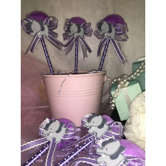 Charmed Baby Shower Elephant PomPom Pens Favors Purple/Gray It's a Girl/Boy Unisex 12 pieces