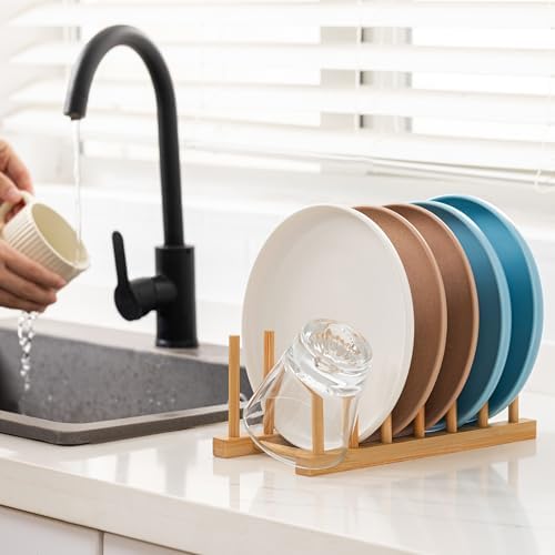 2pcs Bamboo Dish Plate Bowl Cup Book Pot Lid Cutting Board Drying Rack Stand Drainer Storage Holder Organizer Kitchen Cabinet（Keep Dry）