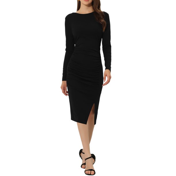 INSPIRE CHIC Casual Bodycon Dress for Women's Long Sleeve Side Slit Ruched  Fitted Midi Dresses Black XS - Walmart Business Supplies