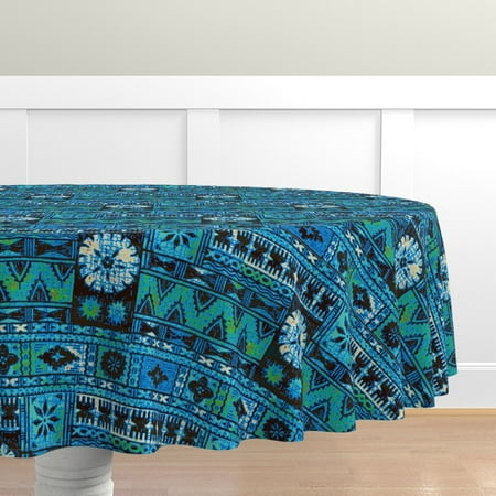

Cotton Sateen Tablecloth 90 Round - Tiki Hawaiian Aloha Beach Tropical Indigo Hawaii Print Custom Table Linens by Spoonflower