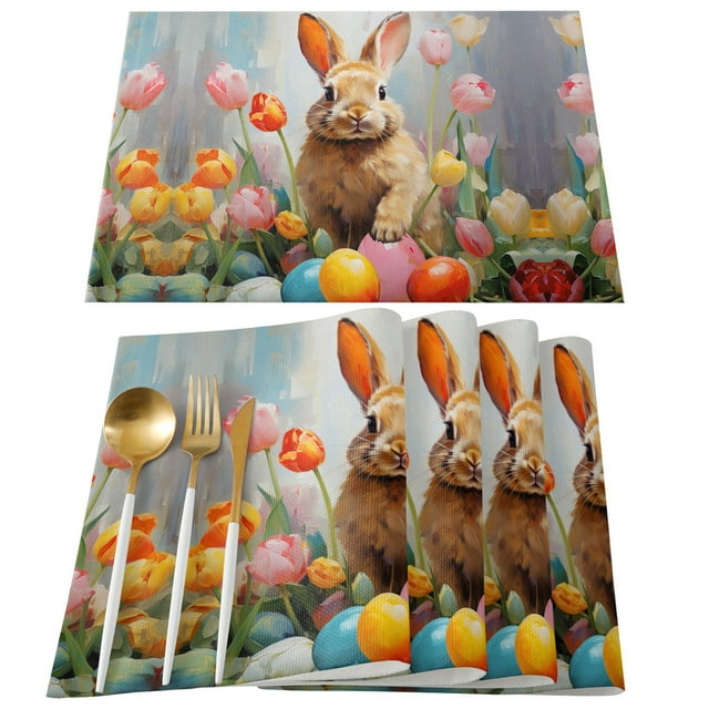 Dsscvnef Easter Bunny Egg Pattern Linen Print Kitchen Dining Room Insulated Decorative Placemat(8) Dinner Table Mats round Placement Mats for Dining Table
