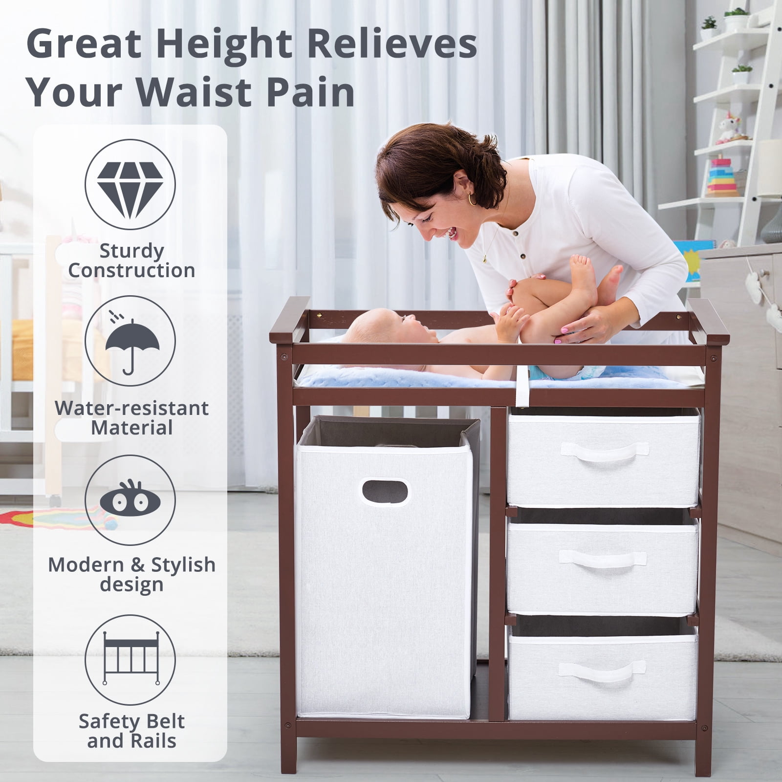 Roromall Wooden Baby Changing Table, Diaper Changing Table, Infant Diaper Changing Station Dresser with Laundry Hamper, 3 Drawer Basket and Changing Pad