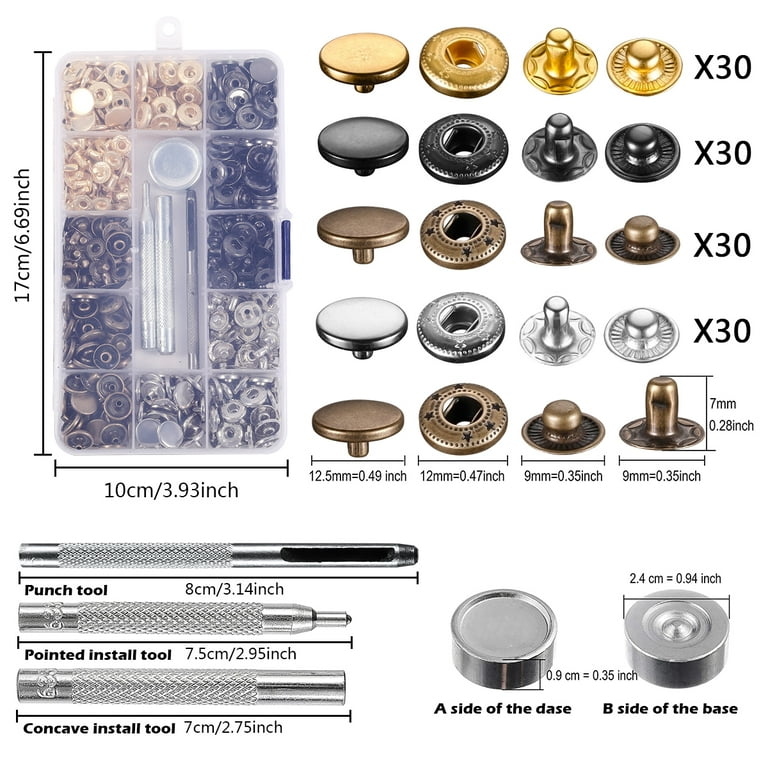 120 Set Leather Snap Fasteners Kit, 12.5mm Metal Button Snaps