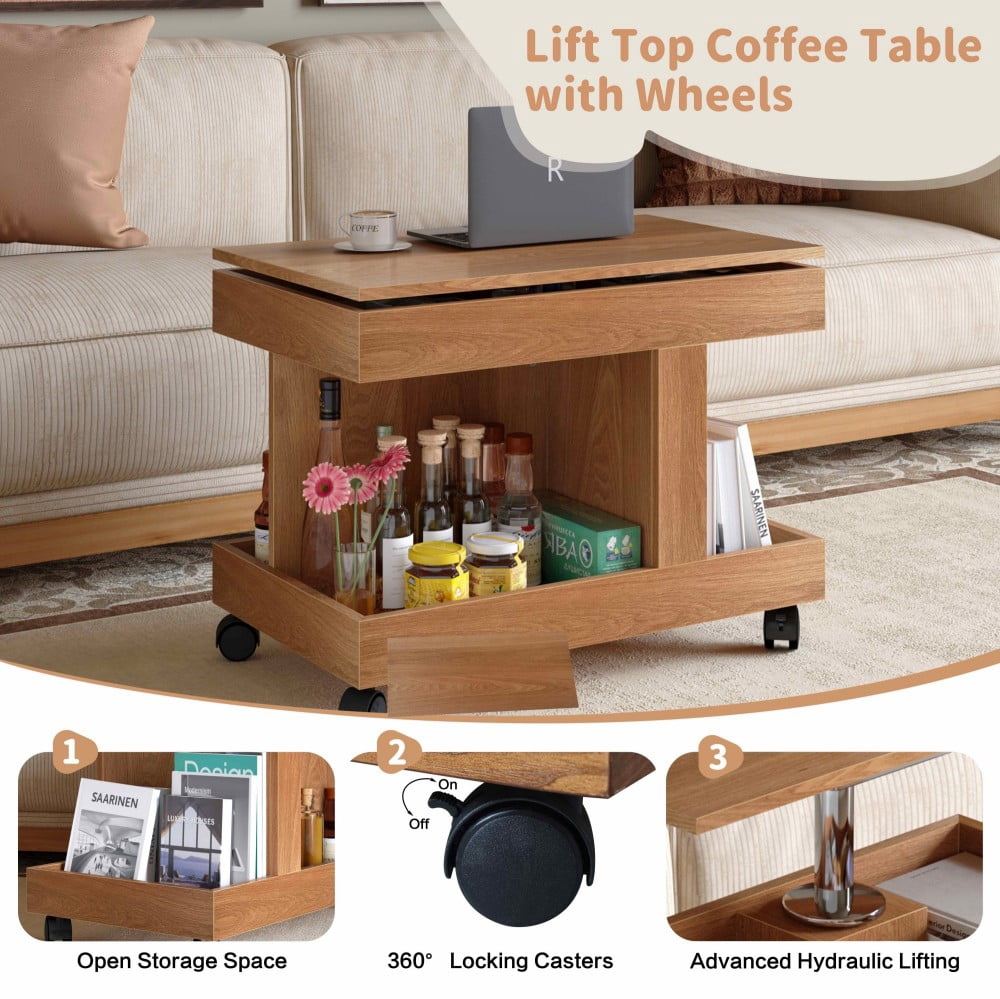 Small Coffee Table with Wheels, 360° Rotating Lift-Top Desktop, Rolling End Table with Storage Shelf, Mobile Bedside Table for Living Room & Bedroom, Natural
