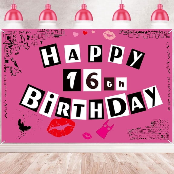 Hot Lips Pink Happy 16th Birthday Banner Backdrop Pink Decorations for Girls Woman Birthday Party Sexy Girl Movie Theme Party Sign Photography Background Photo Booth Props Décor