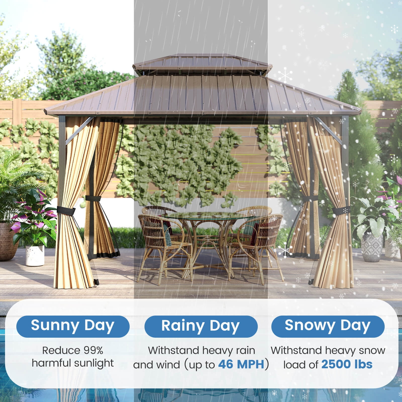 Costway 12 x 10 FT Hardtop Gazebo with Netting Heavy-Duty Double-Roof Galvanized Metal Top